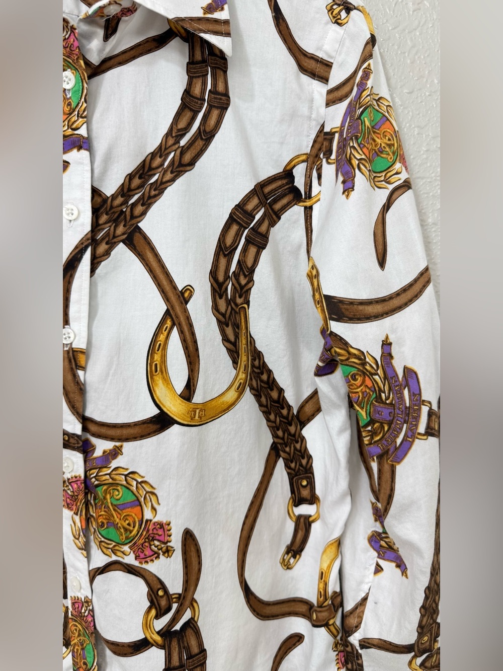 Lauren Ralph Lauren Equestrian Horsebit Belt Print Cotton Shirt M Old Money - Picture 4 of 8